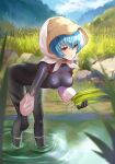  1girl ayanami_rei bangs black_bodysuit black_gloves blue_hair blue_sky bodysuit boots bow breasts bug clouds dragonfly evangelion:_3.0+1.0_thrice_upon_a_time eyebrows_behind_hair eyebrows_visible_through_hair farming field gloves grass hair_between_eyes hat highres holding insect kerchief kernel_killer looking_at_viewer mountain neon_genesis_evangelion open_mouth rebuild_of_evangelion red_eyes reflection seedling short_hair sky solo stone water 