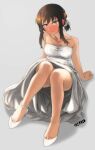  1girl alternate_costume bare_shoulders blush breasts collarbone dress ergot fubuki_(kancolle) green_eyes kantai_collection medium_breasts panties panty_peek solo underwear wedding_dress 