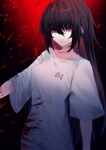  1girl absurdres bangs black_hair blood blood_splatter bloody_clothes breasts collarbone cowboy_shot glowing glowing_eyes hair_between_eyes highres long_hair loose_clothes loose_shirt original outstretched_arm ozeu0916 red_eyes shirt short_sleeves solo white_shirt 