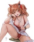  1girl absurdres angelina_(arknights) angelina_(summer_flowers)_(arknights) animal_ears arknights bangs bare_shoulders breasts brown_hair commentary_request fox_ears hair_between_eyes head_rest highres infection_monitor_(arknights) knee_up lan_xiezi large_breasts long_hair looking_at_viewer off_shoulder one-piece_swimsuit red_eyes red_swimsuit simple_background sitting smile solo swimsuit thigh_strap thighs twintails white_background 