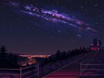  animated city_lights kldpxl night night_sky no_humans observatory original path pixel_art railing scenery shooting_star sky star_(sky) tree 