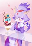  1girl animal_ears blaze_the_cat blush cat_ears cat_girl cat_tail commentary_request dress eating food furry hand_on_own_cheek hand_on_own_face heart ice_cream iiimirai long_sleeves purple_dress solo sonic_(series) tail yellow_eyes 