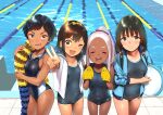  5girls black_hair black_swimsuit blue_jacket bow brown_eyes commentary_request competition_school_swimsuit competition_swimsuit cowboy_shot dark_skin fang forehead grey_sailor_collar hair_bow hairband jacket kickboard lane_line long_hair multiple_girls one-piece_swimsuit open_clothes open_shirt original ponytail pool poolside red_eyes sailor_collar sailor_shirt school_swimsuit shiden_(sashimi_no_wife) shirt short_hair silver_hair standing swimsuit tan tanlines track_jacket v yellow_hairband 