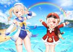  2girls ;d absurdres ahoge backpack bag bag_charm bangs barbara_(genshin_impact) barbara_(summertime_sparkle)_(genshin_impact) beach blonde_hair bloomers blue_eyes blue_sky blue_swimsuit blurry blush brown_scarf cabbie_hat charm_(object) choker clouds cloudy_sky clover_print coat collarbone commentary_request depth_of_field detached_sleeves dodoco_(genshin_impact) drill_hair eyebrows_visible_through_hair genshin_impact hair_between_eyes handbag hat hat_feather hat_ornament highres horizon klee_(genshin_impact) light_brown_hair long_hair long_sleeves looking_at_viewer multiple_girls ocean one_eye_closed open_mouth orange_eyes outstretched_arms pocket rainbow randoseru red_coat red_headwear sailor_collar scarf sidelocks sky smile spread_arms swimsuit translation_request twin_drills twintails underwear w_verne water_drop 