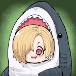  1girl :d animal_costume blonde_hair chibi earrings hair_over_one_eye idolmaster idolmaster_cinderella_girls jewelry medium_hair one_eye_covered open_mouth pink_eyes shark_costume sharp_teeth shirasaka_koume smile solo takato_kurosuke teeth upper_body 