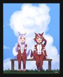  2girls :d animal_ears arms_at_sides artist_name blue_eyes blue_sky blush border brown_hair clouds cloudy_sky commentary_request ear_bow ear_ornament grass hair_between_eyes hands_on_lap highres horse_ears horse_girl horse_tail jacket knees_together_feet_apart light_purple_hair long_hair looking_at_another looking_up mejiro_mcqueen_(umamusume) multicolored_hair multiple_girls on_bench open_mouth pants poko_(user_rjdg5478) red_pants red_track_suit shoes signature sitting sitting_on_bench sky smile sneakers streaked_hair swinging_legs tail tied_hair tokai_teio_(umamusume) track_jacket track_pants track_suit umamusume violet_eyes white_hair 
