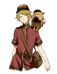  1boy animal_on_shoulder bag blush brown_eyes brown_hair dog handbag hat identity_v kouri_(kyorosuukeeeeeee) male_focus red_headwear short_hair short_sleeves simple_background smile upper_body victor_grantz white_background wick_(identity_v) 