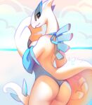  1girl 2d10art ass back backless_swimsuit black_eyes blue_swimsuit blush body_fur breasts closed_mouth clouds commentary cowboy_shot english_commentary fang from_behind furry gen_2_pokemon hand_to_own_mouth hand_up highres horizon legendary_pokemon looking_at_viewer looking_back lugia medium_breasts nose_blush one-piece_swimsuit outdoors personification pokemon pokemon_(creature) sketch skin_fang solo standing swimsuit water white_fur wings 