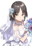 1girl absurdres bouquet braid bridal_veil brown_hair commentary_request dress earrings flower hair_flower hair_ornament haruyuki_(gffewuoutgblubh) highres idolmaster idolmaster_cinderella_girls jewelry long_hair looking_at_viewer necklace rose see-through_sleeves solo tachibana_arisu tied_hair veil white_background white_dress yellow_eyes 
