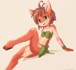  1girl absurdres ancesra animal_ears animal_nose antenna_hair arm_support artist_name bandeau bangs barefoot beige_background blush body_fur brown_hair collarbone commentary deer_ears deer_girl deer_tail elora_(spyro) english_commentary flat_chest furry green_eyes green_skirt happy highres hooves leaf_clothing leaning_back leg_up light_blush looking_at_viewer miniskirt navel open_mouth patreon_username red_fur revealing_clothes shiny shiny_hair short_hair sidelocks simple_background sitting skirt smile solo spyro_(series) stomach tail tongue two-tone_fur watermark web_address white_fur wristband 