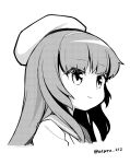  1girl ataru_(ataru-littlebird) commentary_request greyscale hat highres kantai_collection long_hair looking_to_the_side matsuwa_(kancolle) monochrome one-hour_drawing_challenge sailor_collar sailor_hat school_uniform serafuku smile solo twitter_username upper_body 