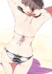  1girl adjusting_clothes adjusting_swimsuit ass back bare_arms bare_back bare_shoulders beach bikini brown_hair butt_crack commentary_request from_behind highres nyoijizai original shadow shoulder_blades simple_background solo standing striped striped_bikini swimsuit thigh_gap thighs tying 