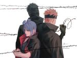  1girl 2boys akatsuki_(naruto) akatsuki_uniform black_coat black_gloves closed_mouth coat crossed_arms eyeshadow flower gloves hair_flower hair_ornament height_difference highres konan_(naruto) makeup multiple_boys naruto_(series) open_clothes orange_hair pain_(naruto) piercing purple_hair short_hair tobi_(naruto) yellow_eyes zifletts zipper_pull_tab 