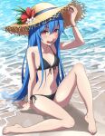  1girl bangs barefoot beach bikini black_bikini blue_hair bracelet breasts brown_headwear eyebrows_visible_through_hair flower full_body hand_on_headwear hat hat_flower highres hinanawi_tenshi jewelry knee_up long_hair looking_at_viewer navel open_mouth outdoors red_eyes red_flower sitting small_breasts solo straw_hat swimsuit touhou white_flower yoshinatsu 
