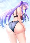  1girl akiyama_rinko ass bangs bare_legs blue_hair blue_sky blush breasts clouds cloudy_sky competition_swimsuit highleg highres large_breasts leotard long_hair looking_at_viewer looking_back one-piece_swimsuit ponytail sideboob sidelocks sky smile solo sunlight swimsuit taimanin_(series) taimanin_yukikaze very_long_hair violet_eyes 