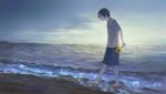  1boy barefoot beach black_hair ckr4.8_(shiren) flower full_body holding holding_flower male_focus ocean original shirt shorts t-shirt walking waves 