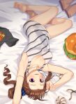  1girl ahoge arm_up barefoot bed_sheet black_shirt blue_scrunchie brown_hair burger commentary diagonal-striped_shirt diagonal_stripes drill_hair food from_above hair_ornament hair_scrunchie idolmaster jewelry kamille_(vcx68) legs looking_at_viewer lying necklace no_pants on_back on_bed open_mouth pillow print_scrunchie print_shirt scrunchie shirt short_hair short_sleeves side_drill side_ponytail sleepwear smile solo star_(symbol) star_necklace star_print striped t-shirt tank_top upside-down violet_eyes white_shirt yokoyama_nao 