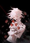  1boy absurdres bangs black_background collarbone commentary_request cowboy_shot dangan_ronpa_(series) dangan_ronpa_2:_goodbye_despair flower grey_background hair_between_eyes highres komaeda_nagito looking_at_viewer male_focus messy_hair object_hug open_mouth pale_skin print_shirt red_flower red_rose rose saliva shirt short_sleeves smile solo upper_body white_hair xiwang_xintu 