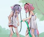  2others blue_hair braid closed_eyes collared_shirt commentary dripping feet_out_of_frame gradient_hair gynoid_talk hair_flaps hakama_pants headband holding_hose horns hose ishitsuki_(_0101_831) long_hair meika_hime meika_mikoto multicolored_hair multiple_others open_mouth outdoors pink_hair red_shorts sailor_collar shirt shorts sketch sleeveless sleeveless_shirt smile standing thick_eyebrows tree very_long_hair vocaloid water white_shirt 