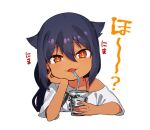  1girl black_hair cropped_torso cup dark-skinned_female dark_skin drinking_glass drinking_straw fangs hair_flaps hair_ribbon jahy jahy_sama_wa_kujikenai konbu_wakame long_hair looking_at_viewer red_eyes ribbon shirt short_sleeves smile smug solo thigh_strap white_shirt 