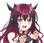  1girl :d absurdres bangs bare_shoulders blue_eyes blush claw_pose fangs fingernails hair_between_eyes heterochromia highres hololive hololive_english horns irys_(hololive) jan_azure looking_at_viewer multicolored_hair multiple_horns nail_polish open_mouth red_eyes red_nails sleeveless smile solo violet_eyes virtual_youtuber 