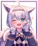  1girl ;d absurdres ahoge animal_ears aqua_eyes black_hairband blush braid commentary_request deaver eyebrows_visible_through_hair fang fox_ears fox_girl fox_shadow_puppet fox_tail gloves hair_between_eyes hairband hands_up highres hololive long_sleeves looking_at_viewer one_eye_closed open_mouth shirakami_fubuki single_braid smile solo tail upper_body v virtual_youtuber white_gloves white_hair 