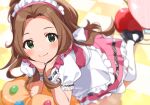  1girl apron arm_support black_footwear blurry blurry_background blush brown_hair closed_mouth depth_of_field green_eyes head_rest idolmaster idolmaster_million_live! idolmaster_million_live!_theater_days inuyama_nanami long_hair looking_at_viewer nikaidou_chizuru pink_skirt pink_vest puffy_short_sleeves puffy_sleeves shirt shoes short_sleeves skirt smile solo vest white_apron white_shirt wrist_cuffs 