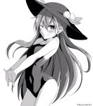  1girl ;) bangs blush breasts closed_mouth cowboy_shot eyebrows_visible_through_hair food fruit greyscale hands_together hat highres hinanawi_tenshi leaf long_hair looking_at_viewer monochrome one-piece_swimsuit one_eye_closed peach simple_background small_breasts smile solo standing swimsuit touhou twitter_username yoshinatsu 