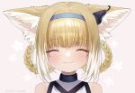  1girl animal_ear_fluff animal_ears arknights blonde_hair braid choker closed_eyes closed_mouth commentary_request dress earpiece fox_ears hair_between_eyes hair_rings hairband highres infection_monitor_(arknights) looking_at_viewer medium_hair multicolored_hair portrait smile solo suiu_aaa8 suzuran_(arknights) tail twitter_username two-tone_hair white_dress white_hair 