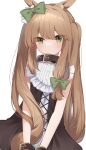  1girl absurdres animal_ear_fluff animal_ears bangs black_collar black_dress bow brown_hair closed_mouth collar commentary_request dress eyebrows_visible_through_hair eyes_visible_through_hair frills green_bow green_eyes hair_between_eyes hair_bow highres long_hair looking_at_viewer mochizuki_mochi original simple_background sleeveless sleeveless_dress solo twintails very_long_hair white_background 