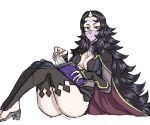  1girl ass bangs black_hair breasts bridal_gauntlets cape circlet facial_tattoo fire_emblem fire_emblem_fates full_body highres holding kongari_tofu large_breasts long_hair looking_at_viewer nyx_(fire_emblem) red_eyes tattoo thigh-highs turtleneck veil very_long_hair 