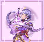  1girl akairos4 armor artist_name bangs blush braid breasts bridal_gauntlets commentary electricity english_commentary flower genshin_impact hair_ornament highres holding holding_sword holding_weapon japanese_clothes kimono long_hair looking_at_viewer mole mole_under_eye open_mouth purple_background purple_flower purple_hair raiden_(genshin_impact) ribbon sash shoulder_armor simple_background solo sword tassel violet_eyes weapon 
