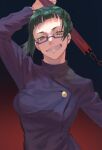  1girl bangs black_jacket closed_mouth glasses green_hair holding jacket jujutsu_kaisen long_sleeves looking_at_viewer open_mouth polearm ponytail school_uniform smile spear user_cgxf3558 weapon zen&#039;in_maki 