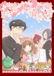  1girl 2boys alfred_(papakoi) bangs black_hair blue_hair blunt_bangs blush book brown_hair cherry_blossoms child closed_eyes cookie cup flower food formal glasses green_eyes hairband hand_on_own_chin head_rest highres holding holding_book holding_cup honey karen_(koisuru_ojou-sama_wa_papa_to_yobitakunai) kinoshita_sakura koisuru_ojou-sama_wa_papa_to_yobitakunai lolita_fashion lolita_hairband long_hair multiple_boys official_art outdoors pancake petals pink_flower puffy_sleeves reading short_hair sitting sitting_on_lap sitting_on_person smile stack_of_pancakes suit sweet_lolita tea teacup teapot waiter wavy_hair yashiro_masamune 