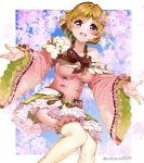  1girl bare_shoulders bow bowtie brown_hair cherry_blossoms collarbone commentary_request flower hair_flower hair_ornament highres koizumi_hanayo long_sleeves looking_at_viewer love_live! love_live!_school_idol_project nakano_maru open_mouth red_neckwear short_hair smile solo thigh-highs twitter_username violet_eyes white_legwear wide_sleeves wide_spread_legs 