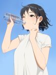  1girl artist_name black_hair blue_sky bottle drinking mattaku_mousuke messy_hair one_eye_closed original short_hair short_sleeves sky solo sweat upper_body water_bottle watermark 