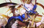  absurdres bangs black_legwear blue_dress blue_gloves box breasts coin crown demon_wings dress elbow_gloves favna_(shuumatsu_no_akasha) frown gloves highres holding holding_weapon horns leaning_to_the_side looking_at_viewer medium_breasts short_hair shuumatsu_no_akasha silver_hair softmode thigh-highs violet_eyes weapon wings 