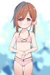  1girl :o ass_visible_through_thighs bangs bare_arms bare_shoulders bikini blurry blurry_background blush brown_hair child collarbone depth_of_field eyebrows_visible_through_hair female flat_chest hair_between_eyes hair_ornament hair_scrunchie highres long_hair looking_at_viewer low_ponytail meito_(maze) original parted_lips pink_bikini pink_scrunchie ponytail red_eyes scrunchie solo standing swimsuit 