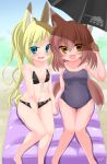  2girls :d animal_ear_fluff animal_ears animal_print bangs bare_arms bare_legs bare_shoulders barefoot beach_umbrella between_legs bikini black_bikini black_swimsuit blonde_hair blue_eyes breasts brown_eyes brown_hair bunny_print collarbone commentary_request covered_navel eyebrows_visible_through_hair feet_out_of_frame fox_ears fox_tail front-tie_bikini front-tie_top hair_between_eyes hand_between_legs highres holding_hands interlocked_fingers kanijiru long_hair looking_at_viewer multiple_girls navel one-piece_swimsuit open_mouth original ponytail print_bikini rabbit_ears rabbit_girl rabbit_tail small_breasts smile swimsuit tail twitter_username umbrella very_long_hair 