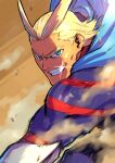  1boy all_might antenna_hair blue_bodysuit blue_eyes bodysuit boku_no_hero_academia fighting_stance grin hair_slicked_back looking_at_viewer male_focus mana30row mature_male motion_lines muscular muscular_male short_hair sideburns smile solo sparkle superhero thick_eyebrows younger 