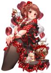  1girl balloon brown_hair cake cake_slice candy cup feet_out_of_frame food heart_balloon highres holding holding_candy holding_food holding_lollipop lollipop original pantyhose phone pinky_out polka_dot red_eyes rotary_phone ryota_(ry_o_ta) teacup 