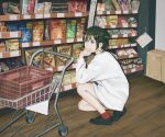  1girl bangs black_footwear brown_eyes brown_hair chips food hand_on_own_chin hand_up indoors kneeling long_sleeves medium_hair original red_legwear shirt shoes shop shopping_cart sneakers socks solo utsuwa0120 white_shirt 