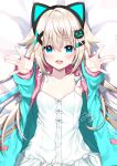  1girl :d animal_ears bangs bed_sheet blonde_hair blue_eyes blue_jacket blush breasts cat_ears cat_hair_ornament collarbone commentary_request dakimakura_(medium) dress eyebrows_visible_through_hair fake_animal_ears fang frilled_dress frills hair_between_eyes hair_ornament hairclip indie_virtual_youtuber jacket long_hair long_sleeves looking_at_viewer lying on_back open_clothes open_jacket open_mouth outstretched_arms signature small_breasts smile solo uchuuneko uchuuneko_(vtuber) very_long_hair white_dress x_hair_ornament 