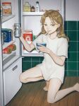  1girl alcohol bangs barefoot beer beer_can blonde_hair brown_eyes can cup holding holding_can holding_cup indoors kneeling long_hair looking_to_the_side original refrigerator shirt short_sleeves solo spoon t-shirt utensil_in_mouth utsuwa0120 white_shirt 