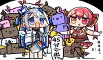  2girls amane_kanata angel_wings axolotl axolotl_(minecraft) blue_hair breasts colored_inner_hair gloves halo heterochromia hololive houshou_marine jacket kanikama large_breasts leg_up minecraft multicolored_hair multiple_girls open_mouth red_eyes redhead silver_hair star_halo sweat translation_request two-tone_hair white_gloves white_jacket wings yellow_eyes 
