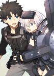  1boy 1girl armor armored_dress bangs black_armor black_gloves black_hair black_shirt blue_eyes breasts commentary_request eyebrows_visible_through_hair fate/grand_order fate_(series) fingerless_gloves fujimaru_ritsuka_(male) gloves grey_pants hair_over_one_eye highres holding holding_hands holding_shield holding_weapon looking_at_another mash_kyrielight medium_breasts nikame one_eye_covered open_mouth ortenaus pants pink_hair pointy_hair polar_chaldea_uniform shield shirt short_hair signature smile uniform violet_eyes weapon 
