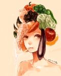  1girl broccoli brown_eyes carrot ckr4.8_(shiren) corn dated eggplant food_request jalapeno_(chili) looking_at_viewer mouth_hold mushroom onion original pepper pumpkin solo tomato upper_body 