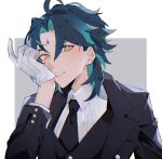  1boy absurdres formal genshin_impact gloves green_hair grin highres looking_at_viewer medium_hair mono-caeli multicolored_hair open_mouth smile streaked_hair suit white_gloves xiao_(genshin_impact) yellow_eyes 