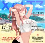  1girl breasts cover crop_top fake_magazine_cover highres looking_at_viewer looking_to_the_side magazine_cover midriff navel pale_skin phriezt polygon_project red_eyes redhead solo virtual_youtuber xzeta 