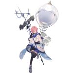  1girl balloon black_legwear blue_scarf blue_shorts cloud_print coat full_body girls_frontline girls_frontline_neural_cloud gloves hair_over_one_eye highres hood hood_down lightning_bolt_print long_sleeves looking_at_viewer mai_(girls_frontline_nc) official_art pink_eyes pink_hair satellite_dish scarf shoes short_hair shorts sneakers solar_panel solo sun_print symbol-shaped_pupils thigh-highs transparent_background weather_vane white_coat white_footwear 